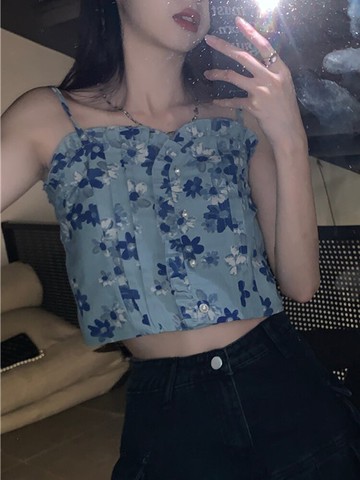 牛仔碎花吊帶背心女內搭設計感小眾外穿夏季新款短款打底上衣