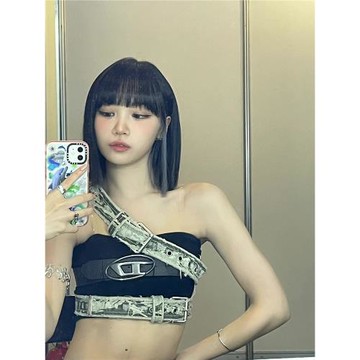 新款自制韓國LESSERAFIM同款金采源金屬扣千禧風賽博朋克抹胸辣妹