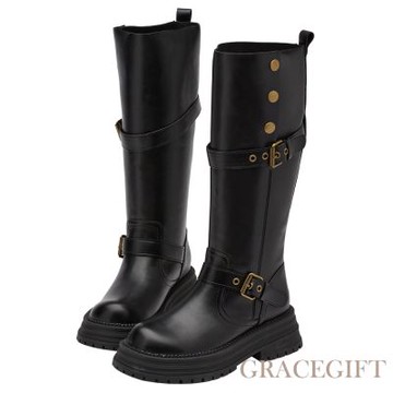 【Grace Gift】聖水街頭2WAY反折皮帶卯釘顯瘦長靴 黑