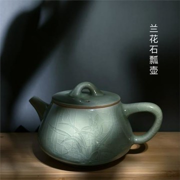 原產地天青緣郗奎奎老師雕刻西施石瓢井欄壺開片可養豆綠釉泡茶器