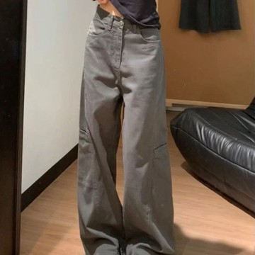 春秋季灰色彎刀闊腿牛仔褲女顯瘦新款休閒百搭高腰直筒褲子