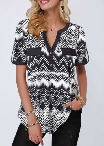 Roll Tab Sleeve Split Neck Geometric Print Blouse