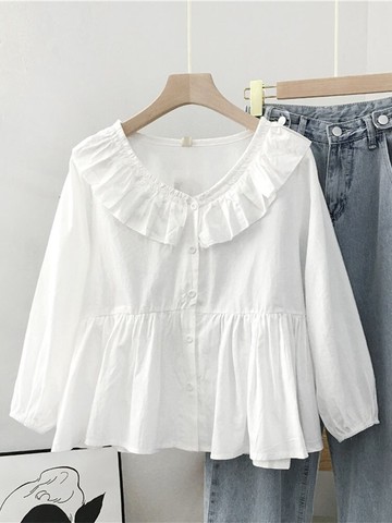 長袖雪紡衫女 年新款洋氣小衫溫柔娃娃領白色仙氣春秋上衣女