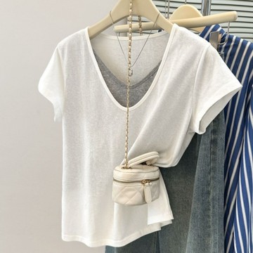 M-4XL 大尺碼短袖T恤女 特大碼假兩件拼接V領休閒T恤女夏季寬松上衣