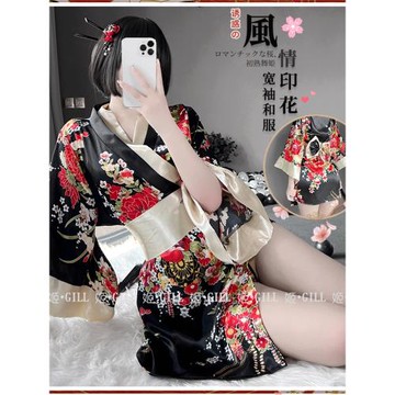 姬 Gill:赤裸迷碟邀約~ 透視日系和服蝴蝶花紋蕾絲系帶睡袍套裝女
