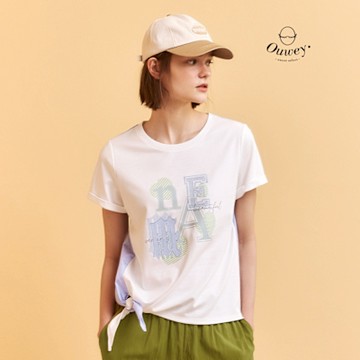 OUWEY歐薇 圖形文字異素材拼接打結棉T(白；M-XL)