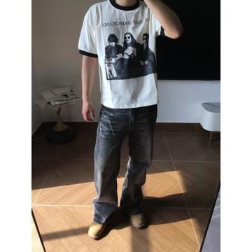 PSYCHO21 竹節紋地下絲絨樂隊撞色復古VINTAGE寬松圓領短袖T恤