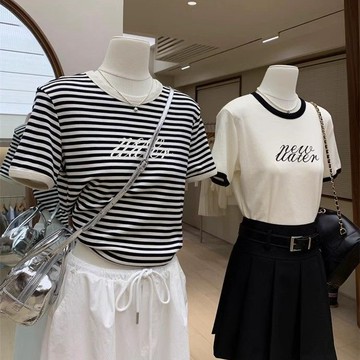 【正肩顯瘦】條紋短袖T恤 女 夏季 韓國貨 別緻洋氣 休閒百搭 修身 上衣 體恤 t恤 韓版上衣 ins風 短袖t恤 女