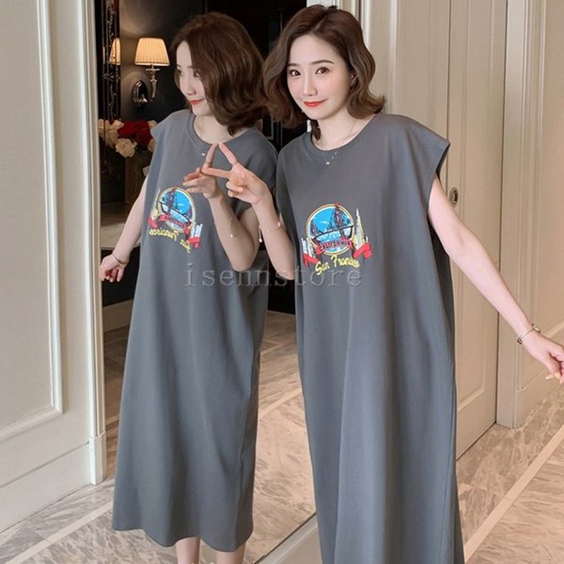 夏ノーズリーブワンピース チュニック マキシ丈 レディース ロングｔシャツ 袖なし ゆったり 大きいサイズ ｔシャツワンピース ロゴプリント 部屋着 着痩せ 通販 Lineポイント最大0 5 Get Lineショッピング