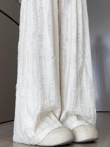 💕甜心大尺碼💕大尺碼長褲 涼感闊腿褲女夏高腰垂感休閑bf風慵懶感小個子閃鉆破洞白色直筒褲