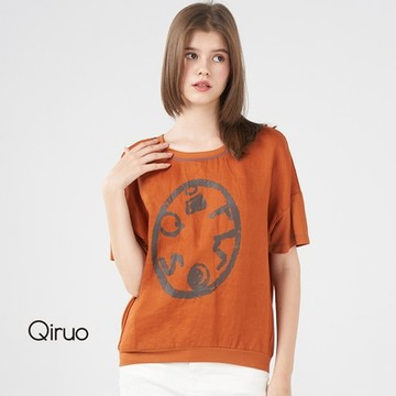【Qiruo 奇若名品】春夏現貨橘色圖騰裝 春夏新款(橘色休閒短袖簡單圖騰設計2416A)