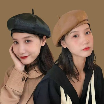 現貨-帽子女網紅款秋冬新款英倫復古貝雷帽韓版潮網紅黑色八角畫家PU皮畫家帽