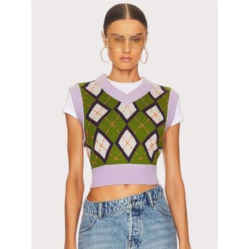 美式學院風秋冬復古菱格撞色V領針織馬甲手工穿繩疊穿毛衣小背心