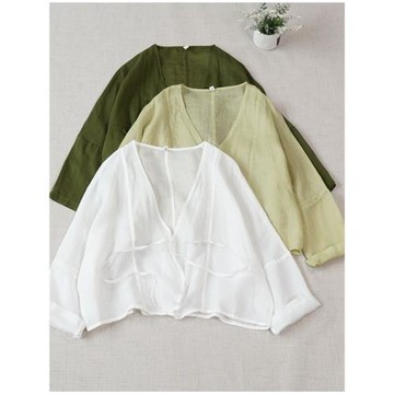 七色入 夏日剛需苧麻開衫薄外套 寬松純色百搭防曬衣V領系繩外搭