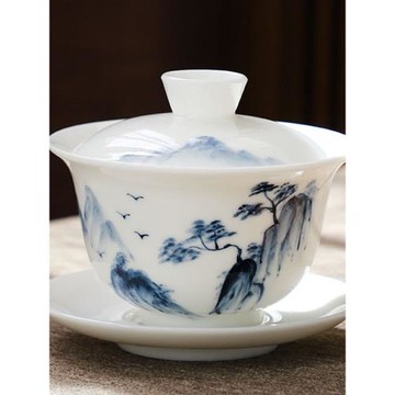 手繪羊脂玉單個懸停蓋子碗茶杯陶瓷泡茶碗白瓷懸浮三才敬茶碗茶具