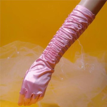 公主粉色新娘長款手套顯瘦褶皺包手指禮服手套生日派對宴會手套