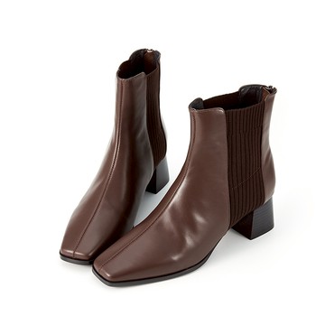 全真皮彈力坑條拼接後拉鍊方頭粗跟短靴 咖啡色
