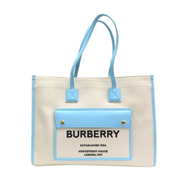 【二手名牌BRAND OFF】BURBERRY 巴寶莉 白色帆布 藍色皮革 Freya 托特包 肩背包