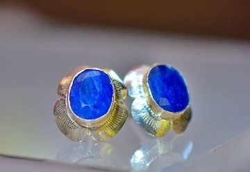 寶石切割 藍色藍寶石 銀耳環 1191