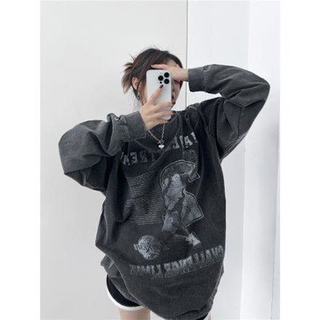 廢柴春秋復古美式設計感潮牌上衣寬松做舊重工印花薄款長袖t恤女