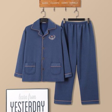 秋冬夾層棉睡衣純棉加厚加棉三層薄夾棉空氣層中年男士家居服套裝