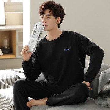 男士睡衣夏季薄款純棉長袖大碼可外穿黑色休閑運動潮流家居服春秋