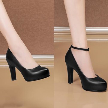 尖頭淺口真皮40碼單鞋女粗跟防水臺上班皮鞋扣帶33碼8cm高跟鞋