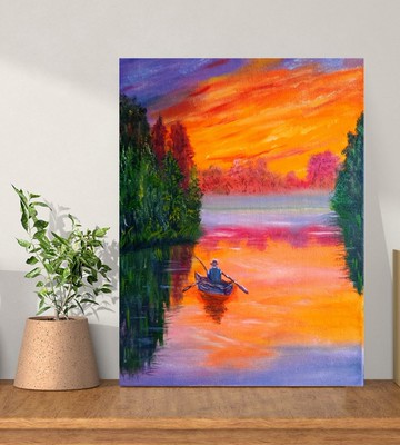 在画布上画小渔夫日落在河上30x40厘米
