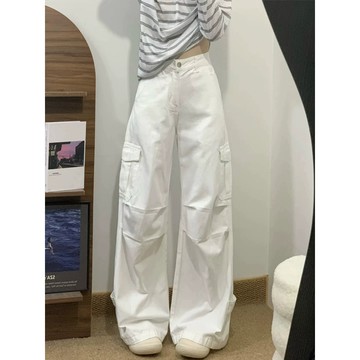 ROOLRREN 大碼牛仔褲 美式復古 工裝褲 梨型身材 顯瘦牛仔褲 高腰牛仔褲 寬鬆闊腿褲 垂墜感寬褲 直筒長褲
