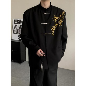 春秋立領新中式竹子中山裝西服結婚墊肩大碼西裝休閑國風潮牌外套