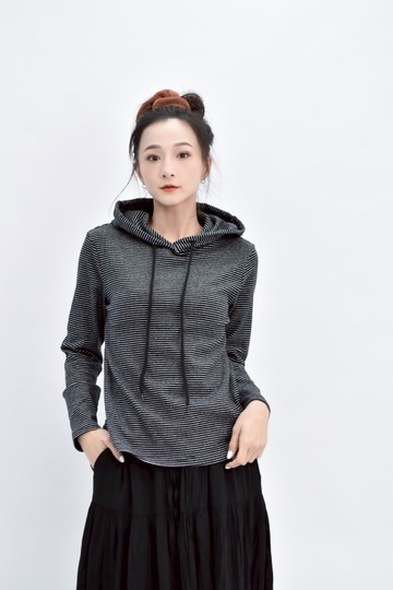 (S) bridge質感連帽條紋黑色長袖上衣