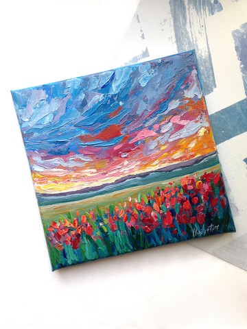 盛開的鬱金香繪畫。夕陽畫。加州景觀。