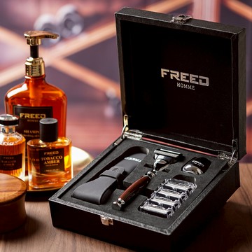 [快速出貨]【FREED】五刀式刮鬍刀尊爵禮盒四件組(仿紫紅檀木) 快速出貨 刻字訂製 巨蟹座 客製化 男生禮物 生日 畢業禮  生日送禮 交換禮物 父親節