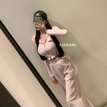 現貨+預購🔗【KIKIFAME】💗四色 韓妹chill.抽繩雙拉鏈連帽外套+長褲套裝 連帽套裝 拉鏈外套 短版外套 休閒