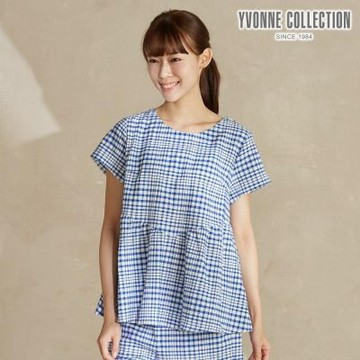 YVONNE 以旺傢飾 皺皺格紋荷葉短袖上衣-藍