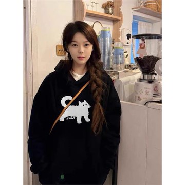 100%純棉美式復古潮牌貓咪黑色連帽衛衣女秋冬季2025薄款寬松外套