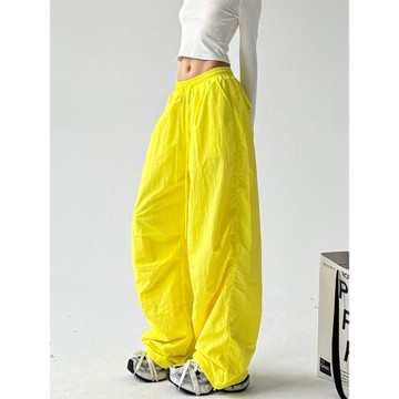 運動褲女2025新款冬季加絨加厚美式街頭黃色速干寬松抽繩工裝束腳