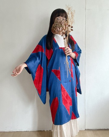 日本製古著羽織長版和服外套藍色和風織紋印花薄款