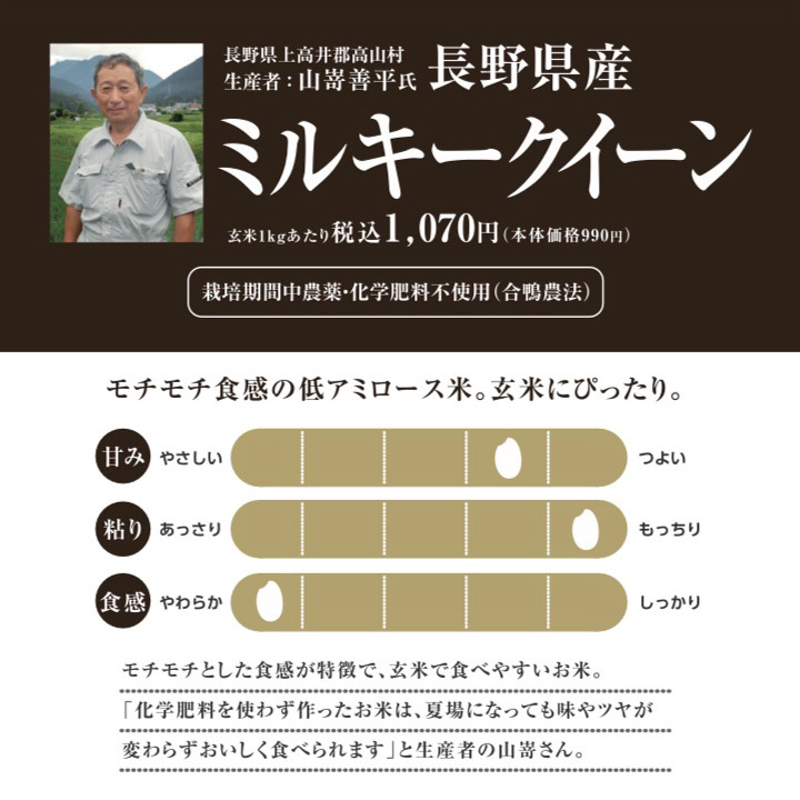 長野県産＜山嵜善平さん＞特別栽培ミルキークイーン 玄米