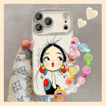 塗鴉女孩手鍊適用蘋果17手機殼iphone18pm可愛卡通16鏡頭膜15外殼
