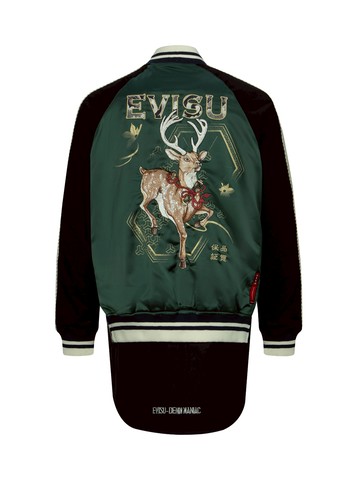 Rhinestone Patchwork Deer and Logo Embroidery Loose Fit Souvenir Jacket.