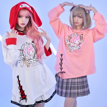 原創三麗鷗SANRIO授權美樂蒂緞帶表情刺繡耳朵長袖連帽T恤JJ5055