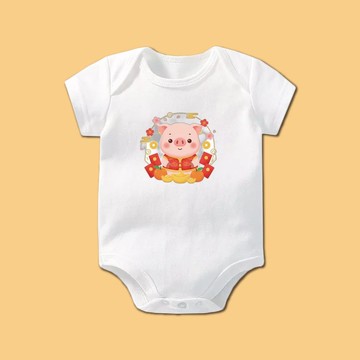 萌萌 小豬 迎春 嬰兒 短袖包屁衣 純棉 親膚 療癒系 豬寶