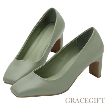 【Grace Gift】俐落方頭造型中跟鞋 綠