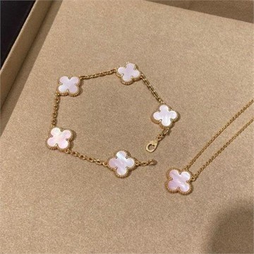 爆款幸運草V金花朵輕奢粉貝母手鏈厚鍍18K粉貝項鏈首飾批發