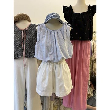 夏季韓版通勤風時尚十三行新款氣質甜美彩色波點條紋綁帶休閑背心