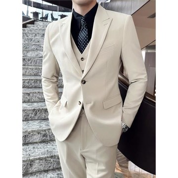 戧駁領杏色高級感西裝男套裝休閑結婚禮服新郎西服男修身米白色帥