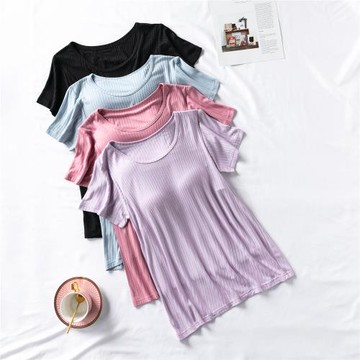 莫代爾帶胸墊短袖T恤女夏季自帶文胸睡衣免文胸家居服可外穿上衣