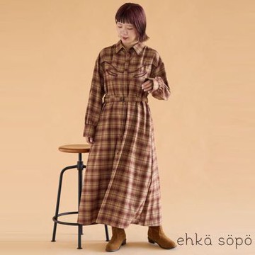 〚ehka sopo〛英倫風格紋排釦翻領襯衫式洋裝