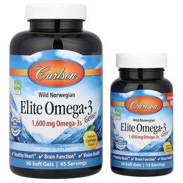 Carlson, Wild Norwegian，Elite Omega-3 Gems，天然檸檬味，1,600 毫克，120 粒軟凝膠（每粒軟凝膠 800 毫克）